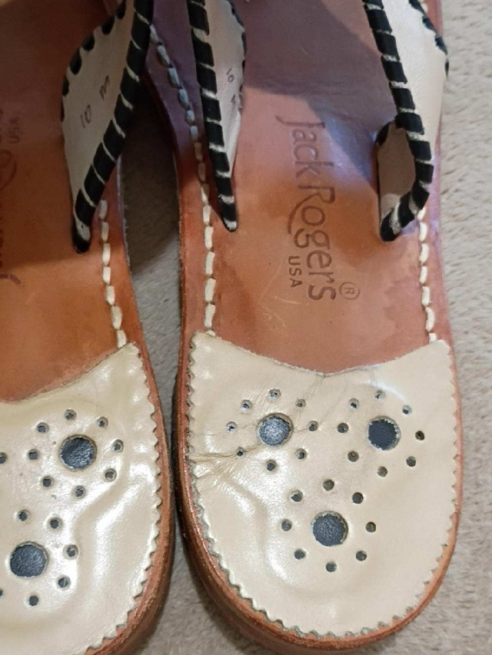 Jack Rogers Black and White Daisy-Embroidered Leather Thong Sandal - Picture 6 of 7